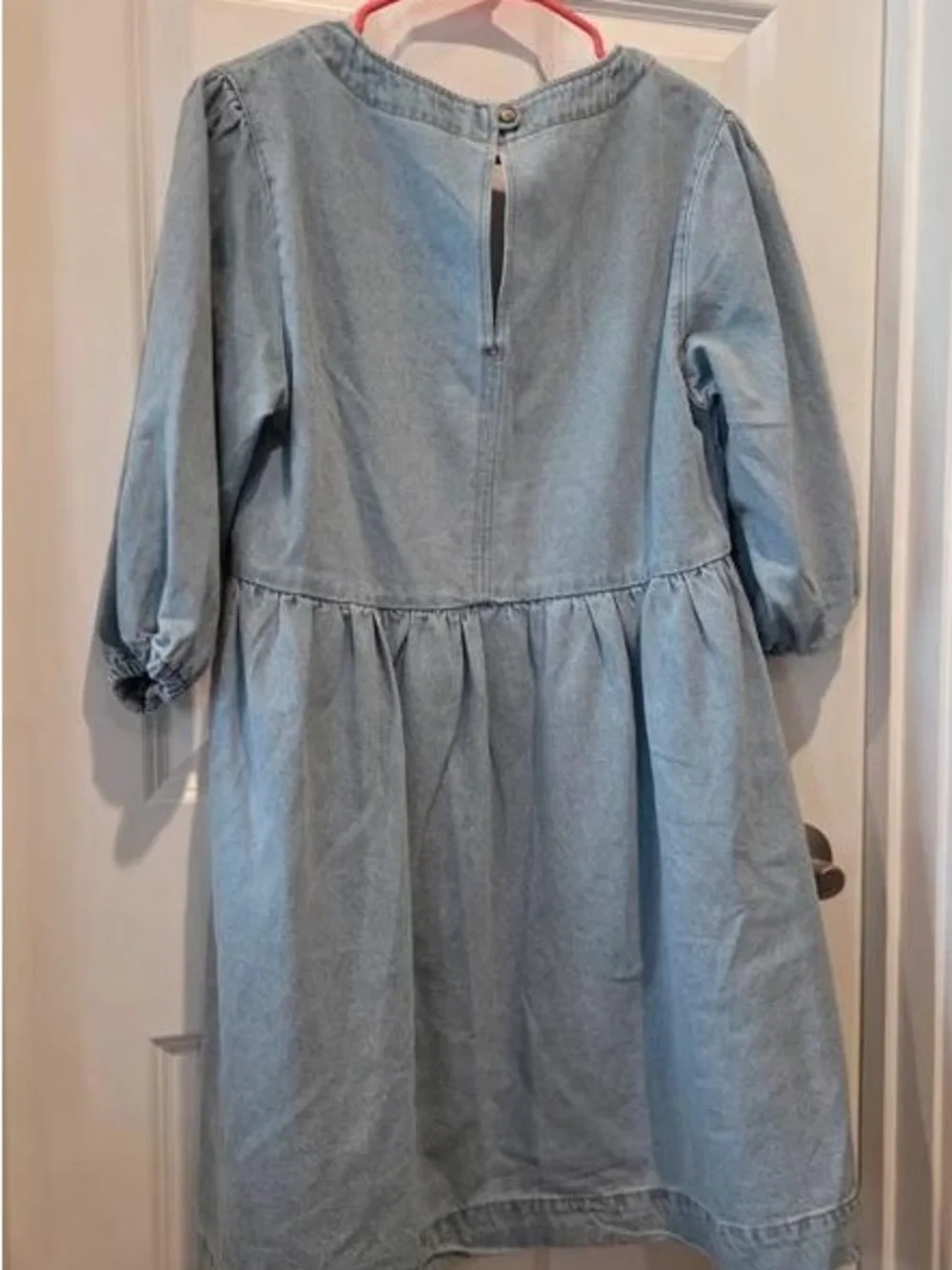 Girls' Light Blue Denim Square-Neck Dress with Puff Sleeves